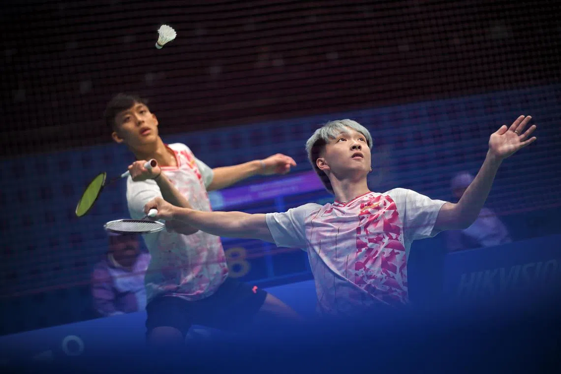 Nge Joo Jie and Johann Prajogo of Singapore in action against Jivan Acharya and Bishnu Katwal of Nepal during the 19th Asian Games Men's Doubles Round of 16 held at the Binjiang Gymnasium on Oct 4, 2023.