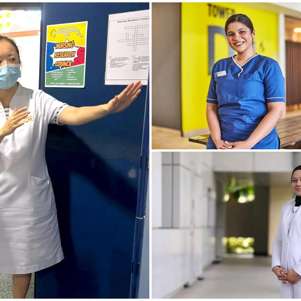 (Clockwise from left) Obstetrics nurse Ang Mei Qi, staff nurse Nazrina Hogue and assistant clinician nurse Noor Rasha Binte Sapuan.