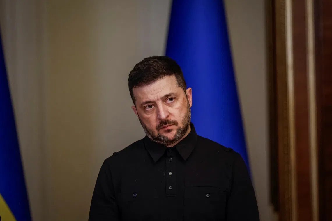 Ukraine's President Volodymyr Zelenskiy attends a joint press conference with High Representative for Foreign Affairs and Security Policy Kaja Kallas (not pictured), amid Russia's attack on Ukraine, in Kyiv, Ukraine, October 13, 2025. REUTERS/Alina Smutko