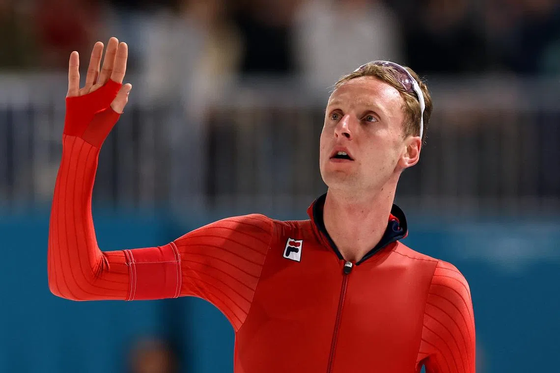 Milano Cortina 2026 Olympics - Speed Skating - Men's 5000m - Milano Speed Skating Stadium, Milan, Italy - February 08, 2026. Sander Eitrem of Norway reacts to his Olympic record time after the men's 5000m race. REUTERS/Yves Herman