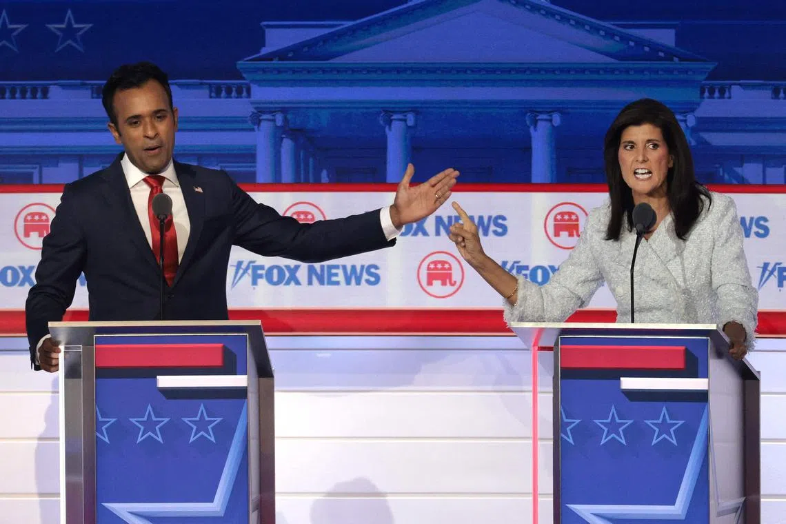 MILWAUKEE, WISCONSIN - AUGUST 23: Republican presidential candidates, Vivek Ramaswamy (L) and former U.N. Ambassador Nikki Haley participate in the first debate of the GOP primary season hosted by FOX News at the Fiserv Forum on August 23, 2023 in Milwaukee, Wisconsin. Eight presidential hopefuls squared off in the first Republican debate as former U.S. President Donald Trump, currently facing indictments in four locations, declined to participate in the event.   Win McNamee/Getty Images/AFP (Photo by WIN MCNAMEE / GETTY IMAGES NORTH AMERICA / Getty Images via AFP)