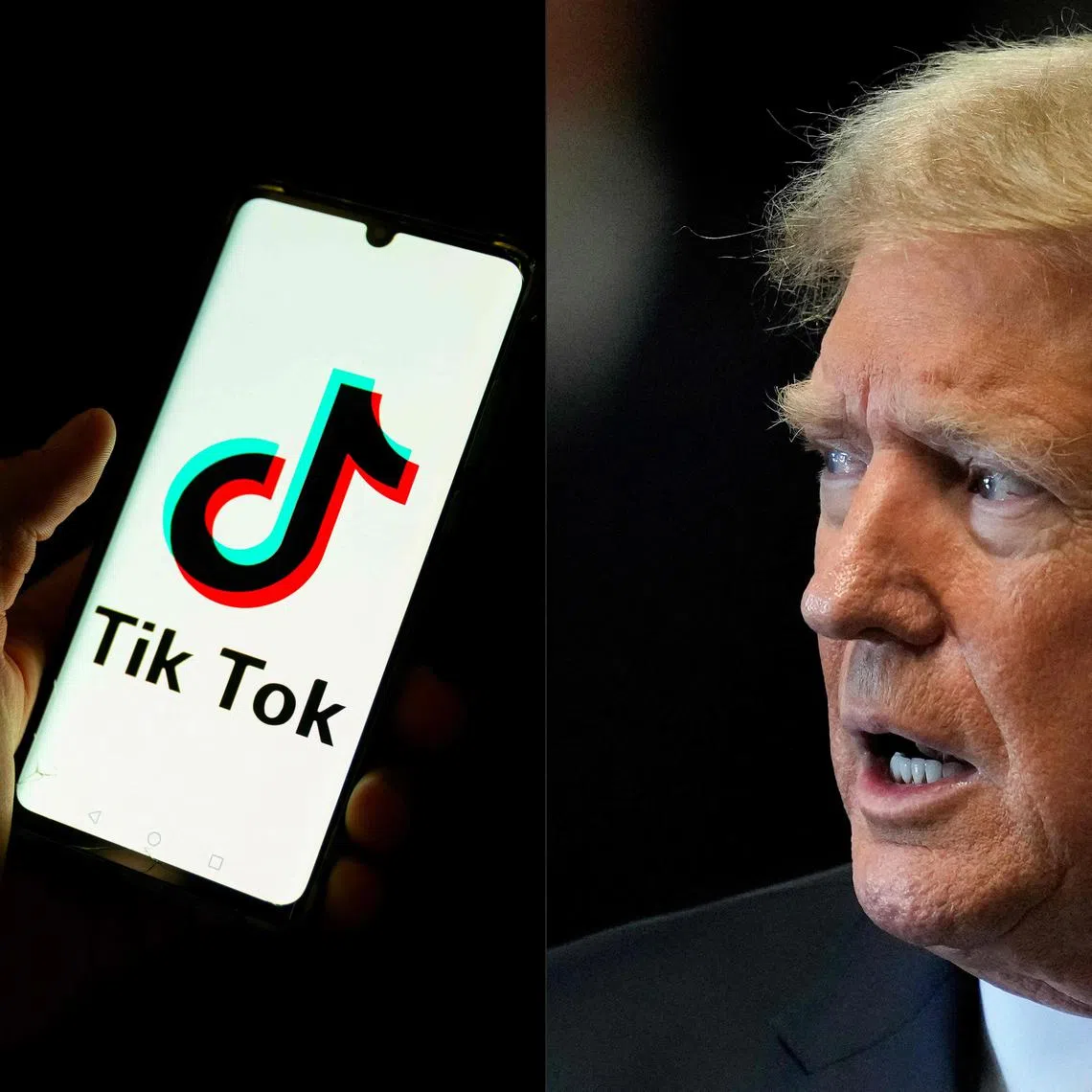 (COMBO) This combination of pictures created on June 2, 2024 shows a man holding a smartphone displaying the logo of Chinese social media platform Tiktok in an office in Paris on April 19, 2024 and former US President and Republican presidential candidate Donald Trump speaking to the media as he arrives for his criminal trial at Manhattan Criminal Court in New York City on May 30, 2024. US President-elect Donald Trump filed a brief on December 27, 2024 urging the Supreme Court to pause a law that would ban TikTok the day before his January 20 inauguration if it is not sold by its Chinese owner ByteDance. (Photo by Antonin UTZ and Seth Wenig / various sources / AFP)