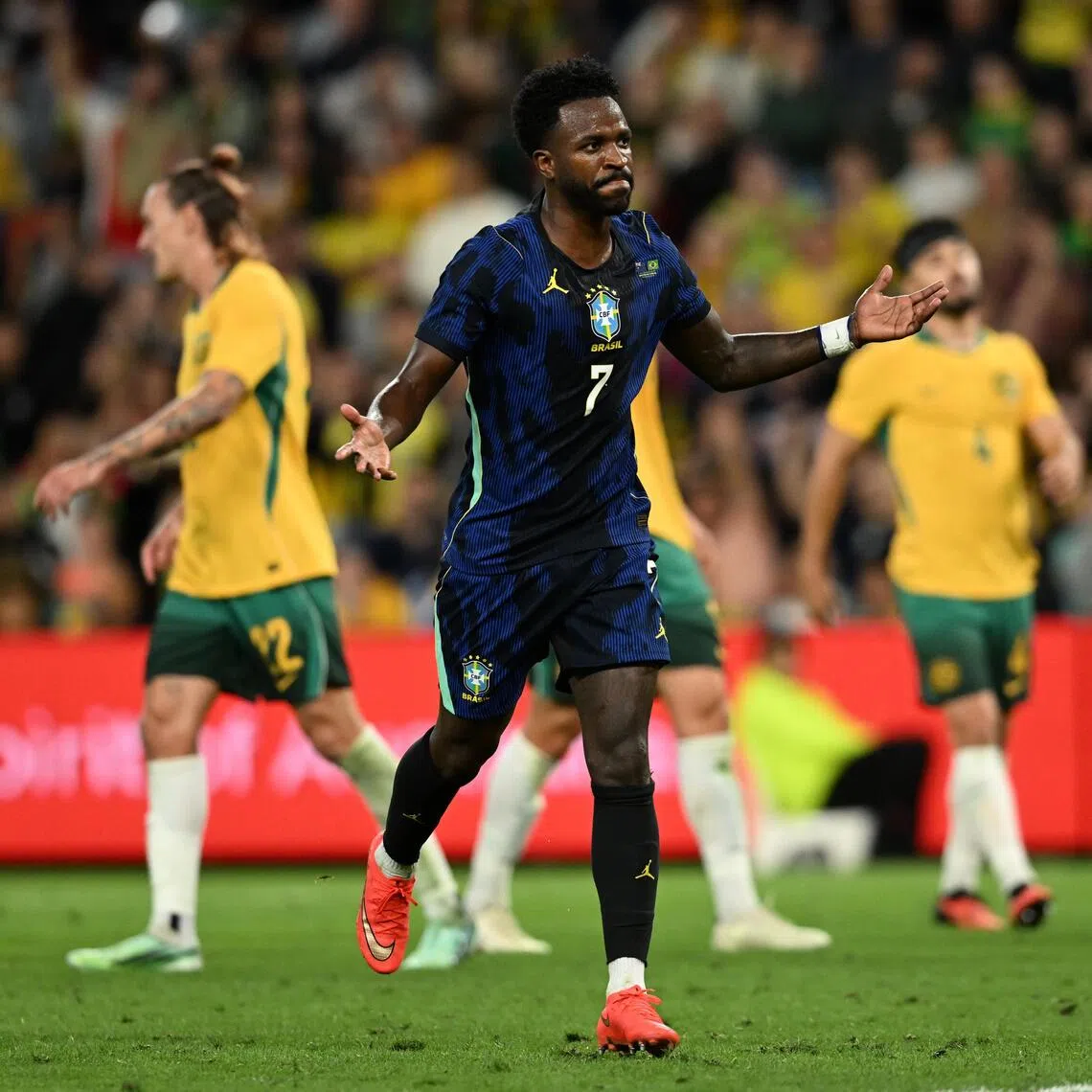 Vinicius Jr of Brazil celebrates after scoring a goal in the international friendly match against Australia at Suncorp Stadium in Brisbane on Sept 29.