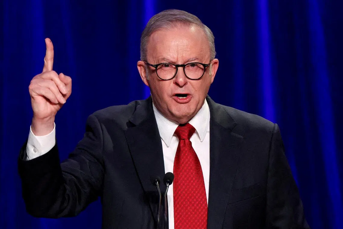 FILE PHOTO: Australia's Prime Minister Anthony Albanese speaks at a Labor party election night event, after local media projected the Labor Party's victory, on the day of the Australian federal election, in Sydney, Australia, May 3, 2025. REUTERS/Hollie Adams/File Photo