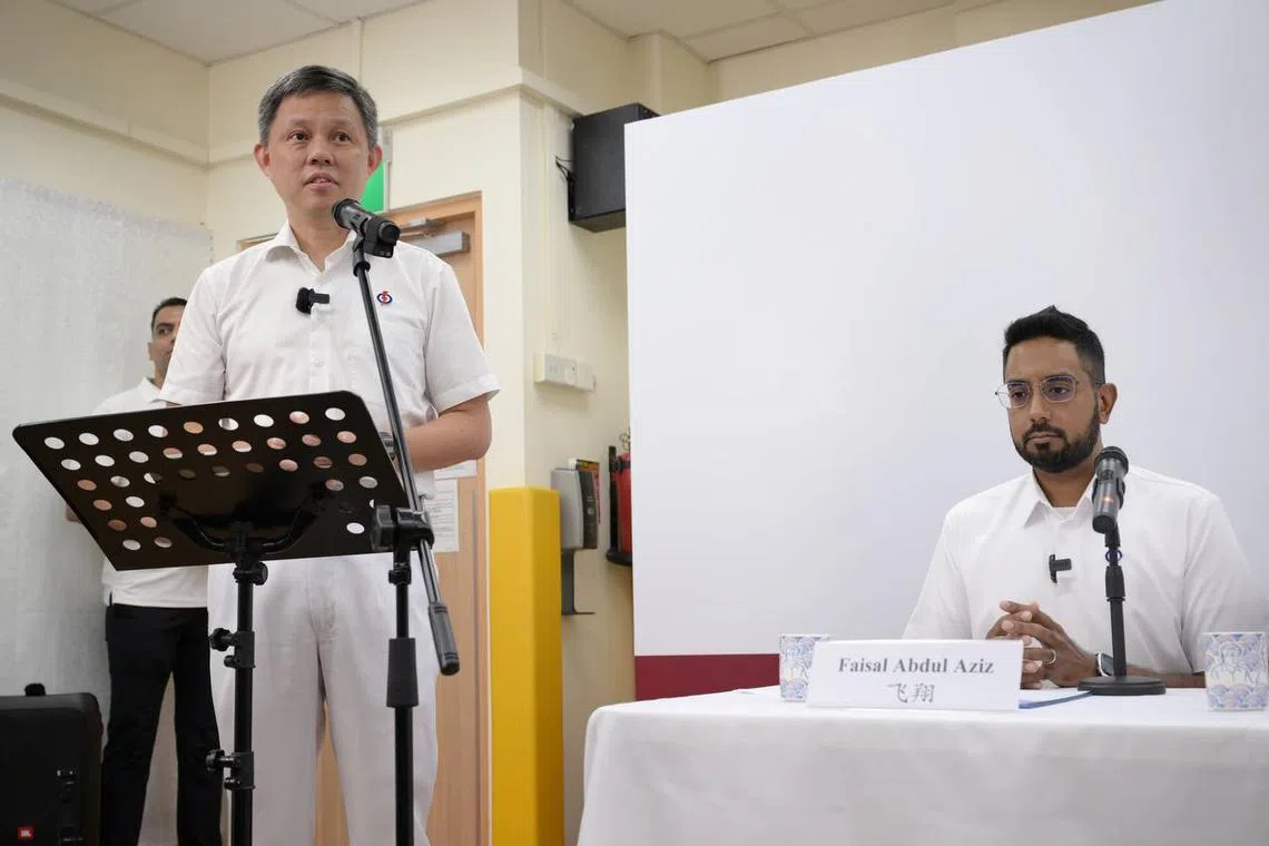 Education Minister Chan Chun Sing at the PAP’s introduction of candidates for Aljunied GRC on April 13. One of the new candidates, Dr Faisal Abdul Aziz, is on the right.