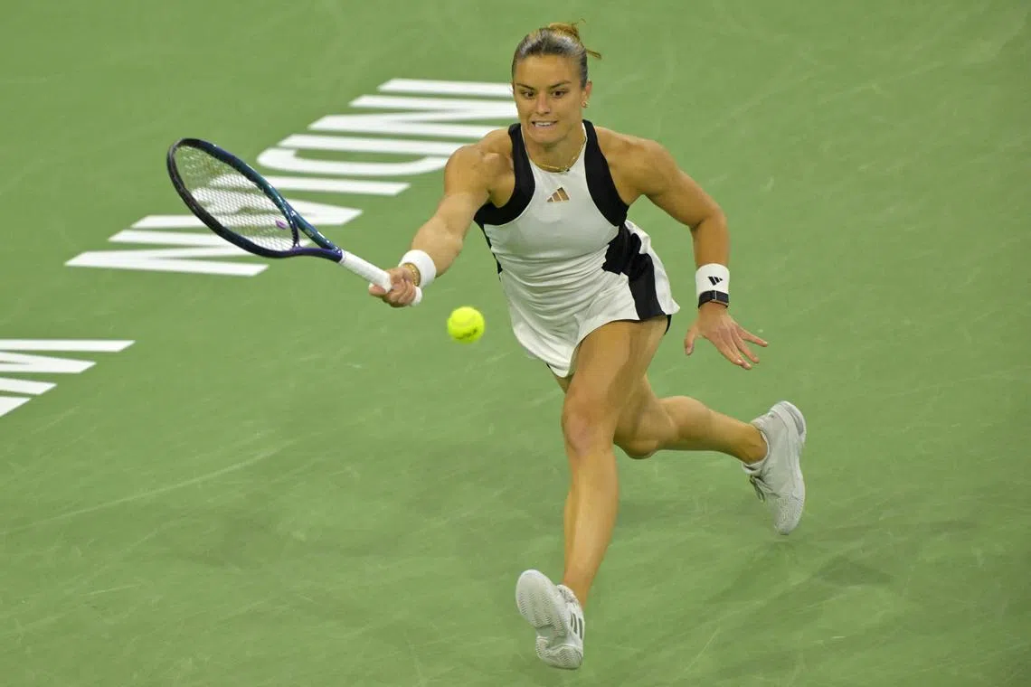 Mar 15, 2024; Indian Wells, CA, USA; Maria Sakkari (GRE) hits a shot during her semi-final match against Coco Gauff (USA) in the BNP Paribas Open at the Indian Wells Tennis Garden. Mandatory Credit: Jayne Kamin-Oncea-USA TODAY Sports/File Photo