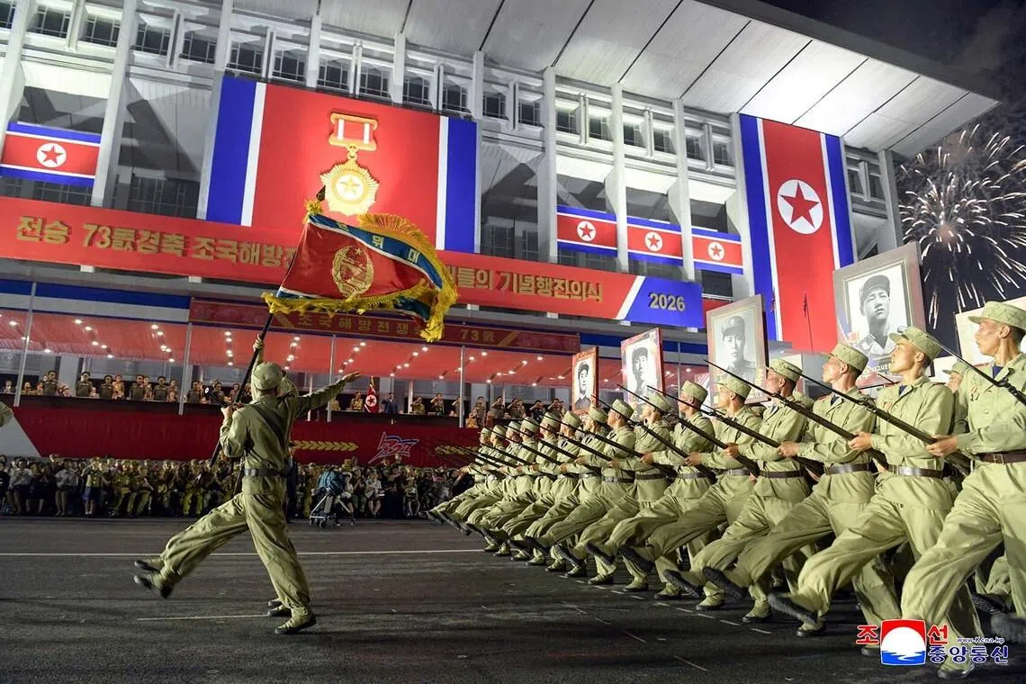 North Korean leader Kim Jong Un attends a parade marking the 73rd anniversary of the Korean War armistice, in Pyongyang, North Korea, July 27, 2026, in this photo released by North Korea's official Korean Central News Agency (KCNA) on July 28, 2026. KCNA via REUTERS ATTENTION EDITORS - THIS IMAGE WAS PROVIDED BY A THIRD PARTY. REUTERS IS UNABLE TO INDEPENDENTLY VERIFY THIS IMAGE. NO THIRD PARTY SALES. SOUTH KOREA OUT. NO COMMERCIAL OR EDITORIAL SALES IN SOUTH KOREA. TPX IMAGES OF THE DAY