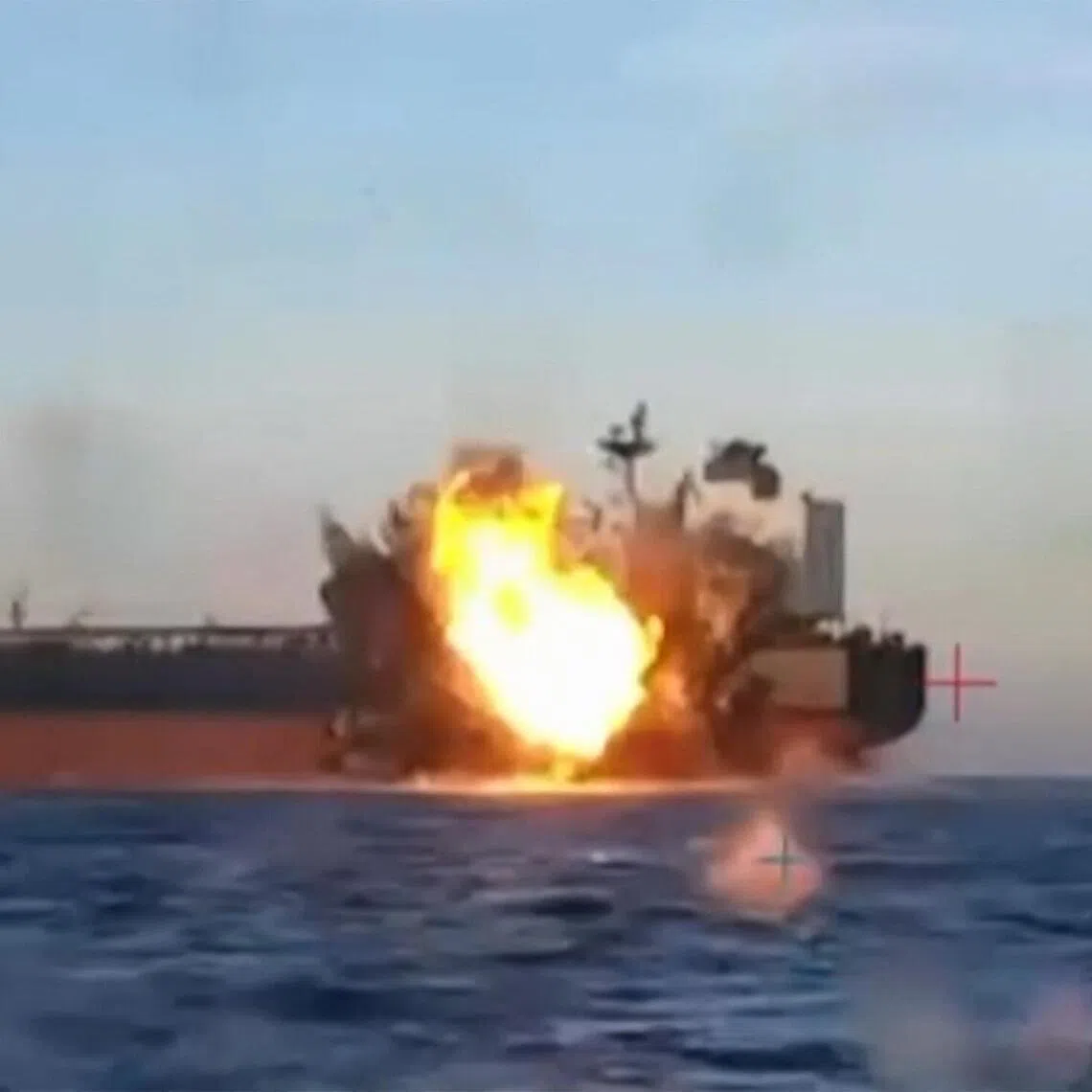 A screengrab taken from video released by Ukraine's SBU security service on Nov 29 shows one of the two tankers - which were empty at the time - after they were targeted by marine drones.