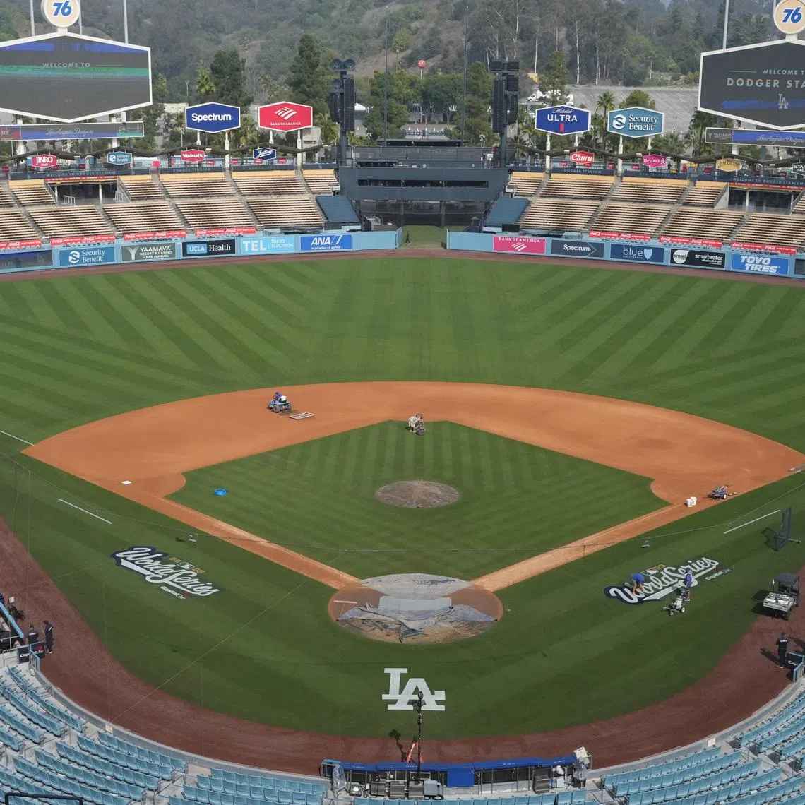Oct 26, 2025; Los Angeles, California, USA; A general overall view of Dodger Stadium with the 2025 World Series logo on the field. Mandatory Credit: Kirby Lee-Imagn Images