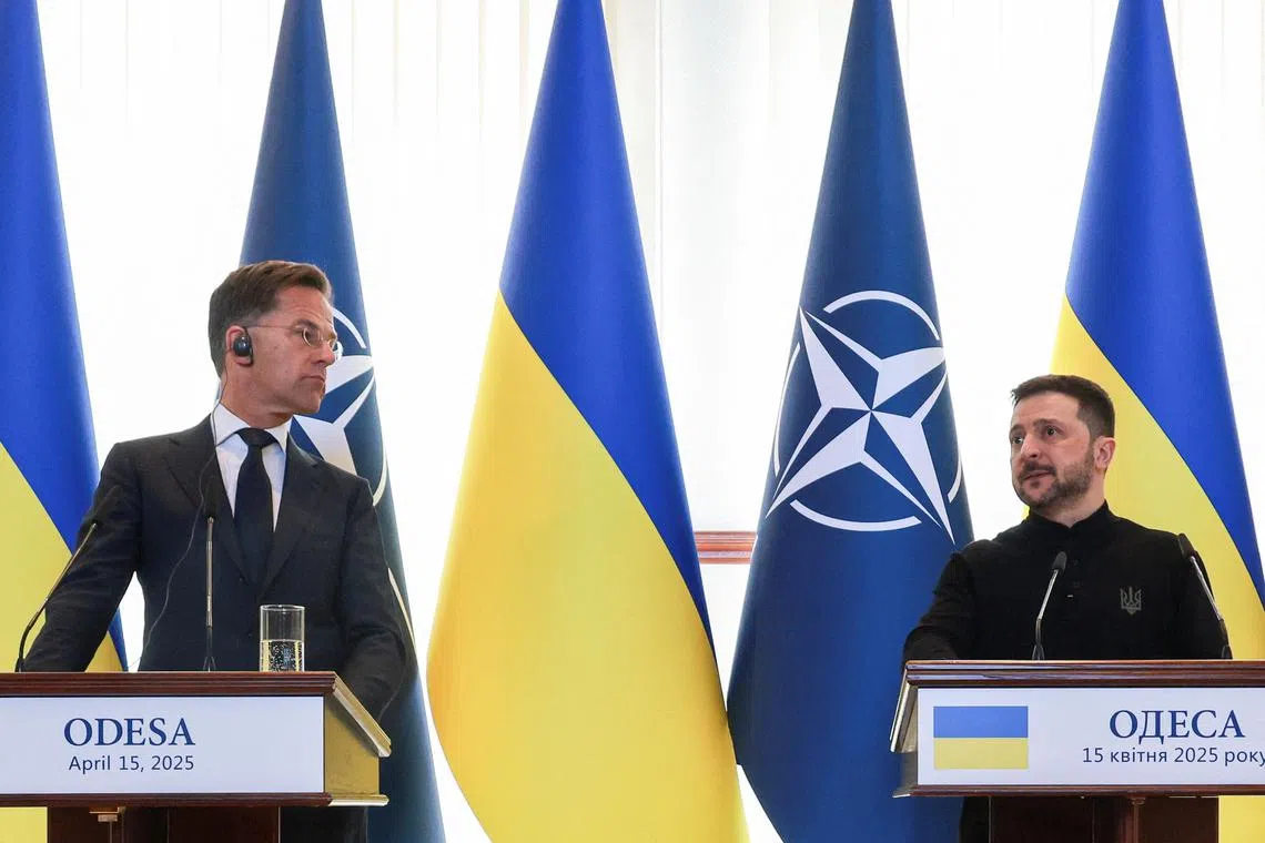 Nato Secretary-General Mark Rutte (left) and Ukrainian President Volodymyr Zelensky taking part in a joint press conference in the Ukrainian city of Odesa, on April 15.