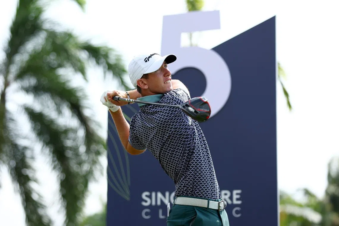 Tom McKibbin of Northern Ireland tees off on the 5th hole during Day One of the Singapore Classic at Laguna National Golf Resort Club on February 09, 2023 in Singapore.