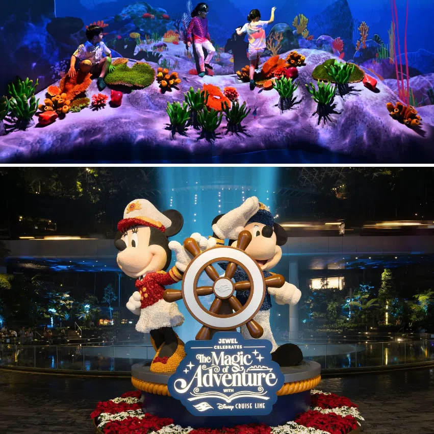 (Clockwise from top left) Curiosity Cove at Mandai Wildlife Reserve, Airzone at City Square mall, Pinkfong & Baby Shark free stage show and Disney-themed festivities at Changi Airport and Jewel.