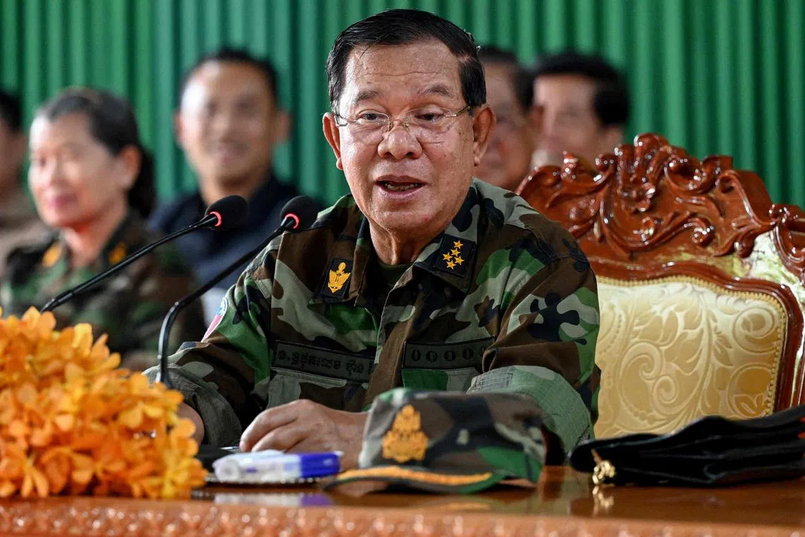 Former premier Hun Sen delivering a speech during his visit to the Cambodian armed forces stationed along the border with Thailand on June 26. 