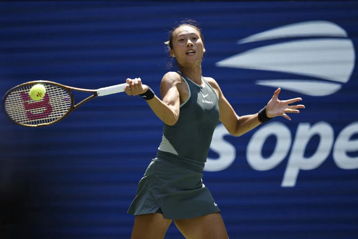Tennis - U.S. Open - Flushing Meadows, New York, United States - August 26, 2024 China's Qinwen Zheng in action during her first round match against Amanda Anisimova of the U.S. REUTERS/Eduardo Munoz