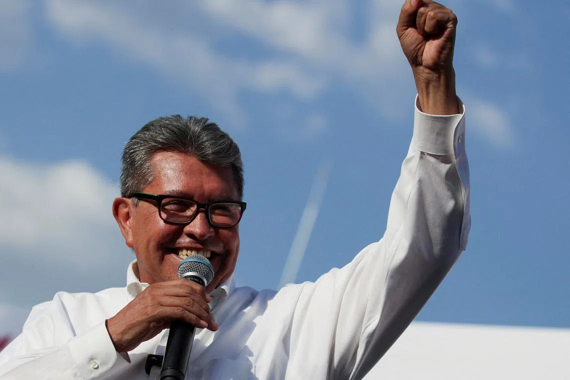 FILE PHOTO: Mexico's former Senator Ricardo Monreal, one of the candidates pursuing the ruling MORENA party's candidacy for the 2024 presidential election, speaks to supporters on the day of a campaign rally in Mexico City, Mexico June 19, 2023. REUTERS/Henry Romero/File Photo