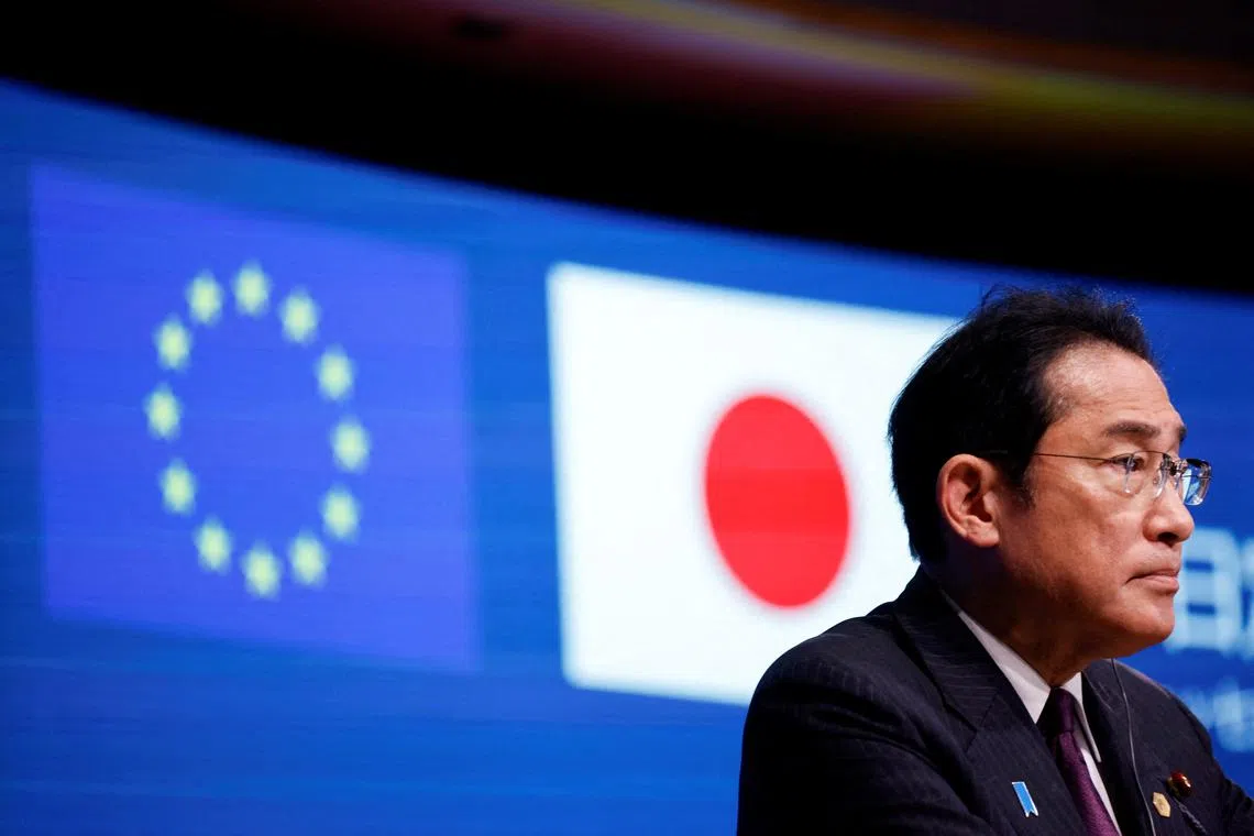 FILE PHOTO: Japanese Prime Minister Fumio Kishida attends a press conference during a EU-Japan summit, in Brussels, Belgium July 13, 2023. REUTERS/Johanna Geron/File Photo