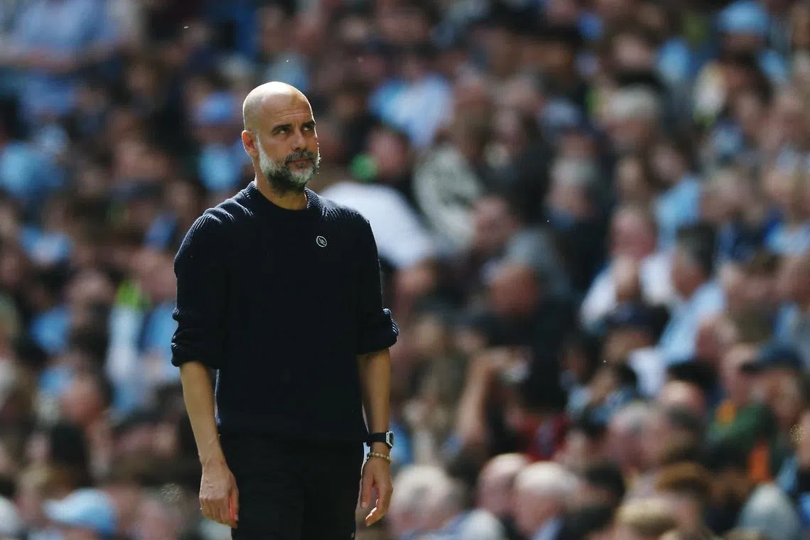 Soccer Football - Premier League - Manchester City v Crystal Palace - Etihad Stadium, Manchester, Britain - April 12, 2025 Manchester City manager Pep Guardiola looks on Action Images via Reuters/Lee Smith EDITORIAL USE ONLY. NO USE WITH UNAUTHORIZED AUDIO, VIDEO, DATA, FIXTURE LISTS, CLUB/LEAGUE LOGOS OR 'LIVE' SERVICES. ONLINE IN-MATCH USE LIMITED TO 120 IMAGES, NO VIDEO EMULATION. NO USE IN BETTING, GAMES OR SINGLE CLUB/LEAGUE/PLAYER PUBLICATIONS. PLEASE CONTACT YOUR ACCOUNT REPRESENTATIVE FOR FURTHER DETAILS..