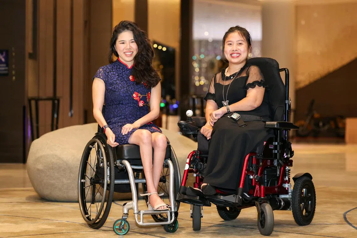 Swimmer Yip Pin Xiu (left) and boccia athlete Jeralyn Tan at the Paris 2024 Paralympic Games Athlete's Achievement Award Ceremony at Novotel On Stevens on Oct 15.
