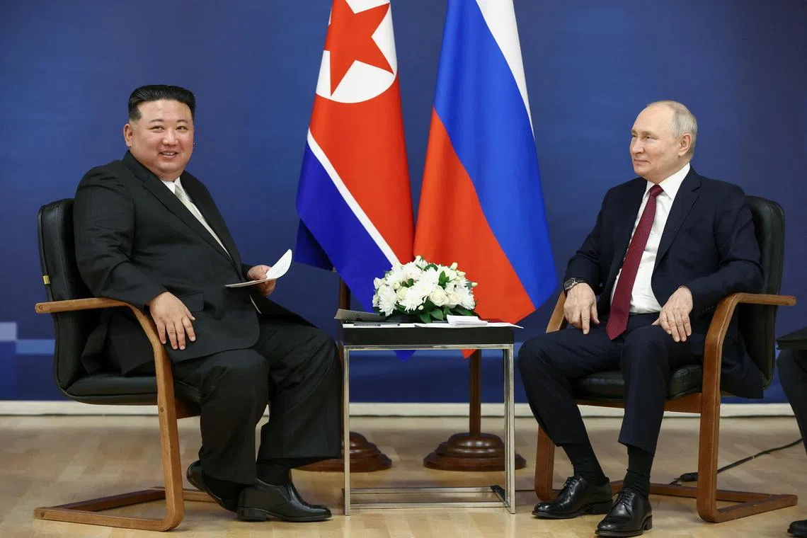 North Korean leader Kim Jong Un (left) and Russian President Vladimir Putin meet in Russia's far eastern Amur region.