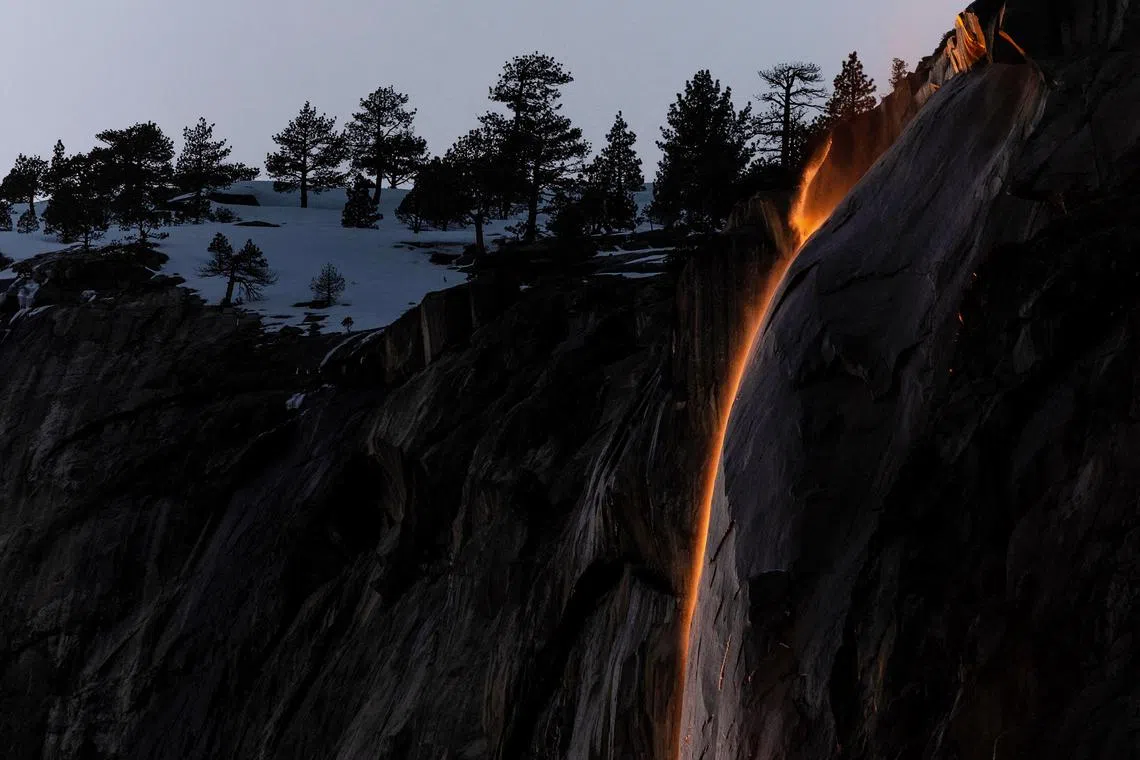 A spectacular “firefall” wowed visitors in California’s Yosemite National Park on Feb 15, 2023.  with the setting sun lighting up a waterfall like a ribbon of fire.

For just a couple of weeks every year, the last rays of daylight hit Horsetail Fall, appearing to set the water alight like a river of lava gushing down a mountainside.