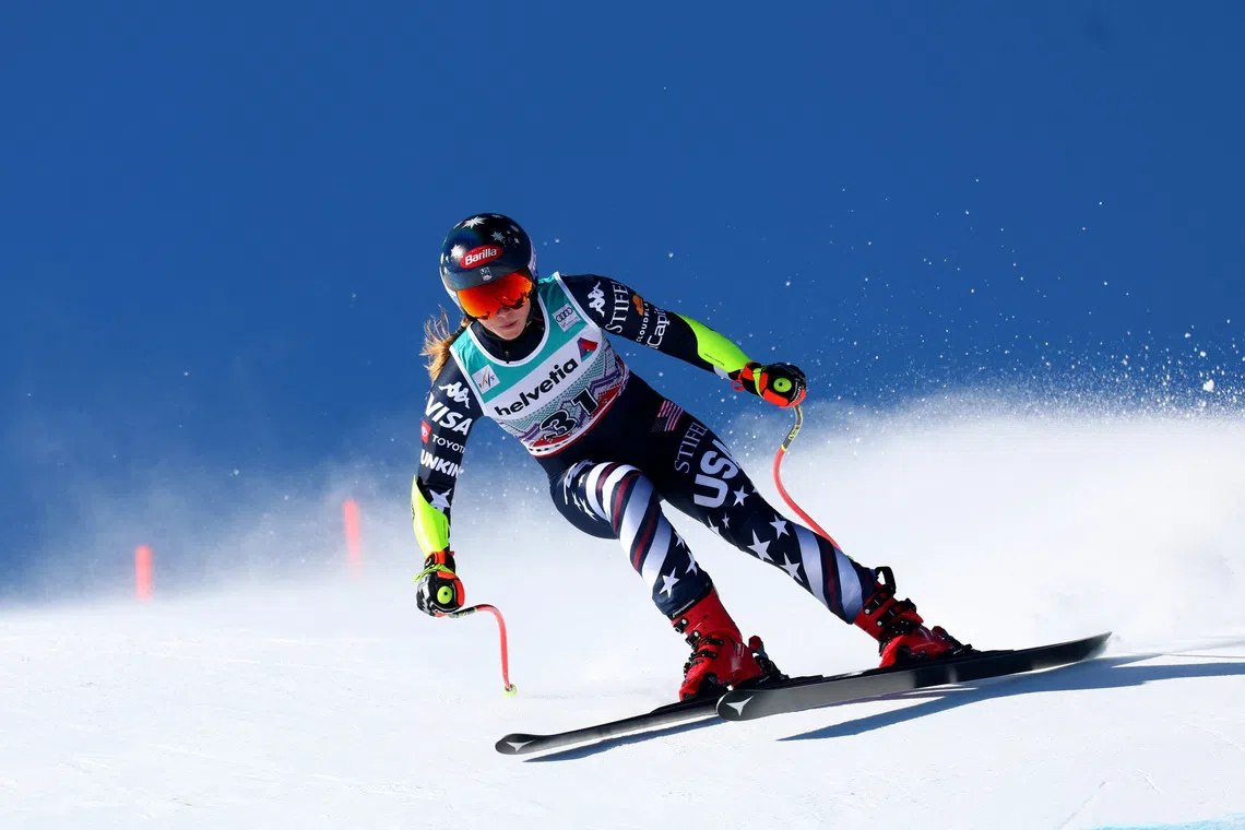 Alpine Skiing - FIS Alpine Ski World Cup - Women's Super G - St. Moritz, Switzerland - December 14, 2025 Mikaela Shiffrin of the U.S. in action REUTERS/Denis Balibouse