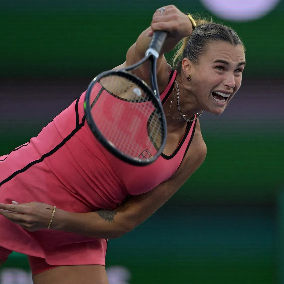 Mar 13, 2026; Indian Wells, CA, USA; Aryna Sabalenka (BEL) in her the semi final match defeating Linda Noskova (CZE) during the BNP Paribas Open at the Indian Wells Tennis Garden. Mandatory Credit: Jayne Kamin-Oncea-Imagn Images