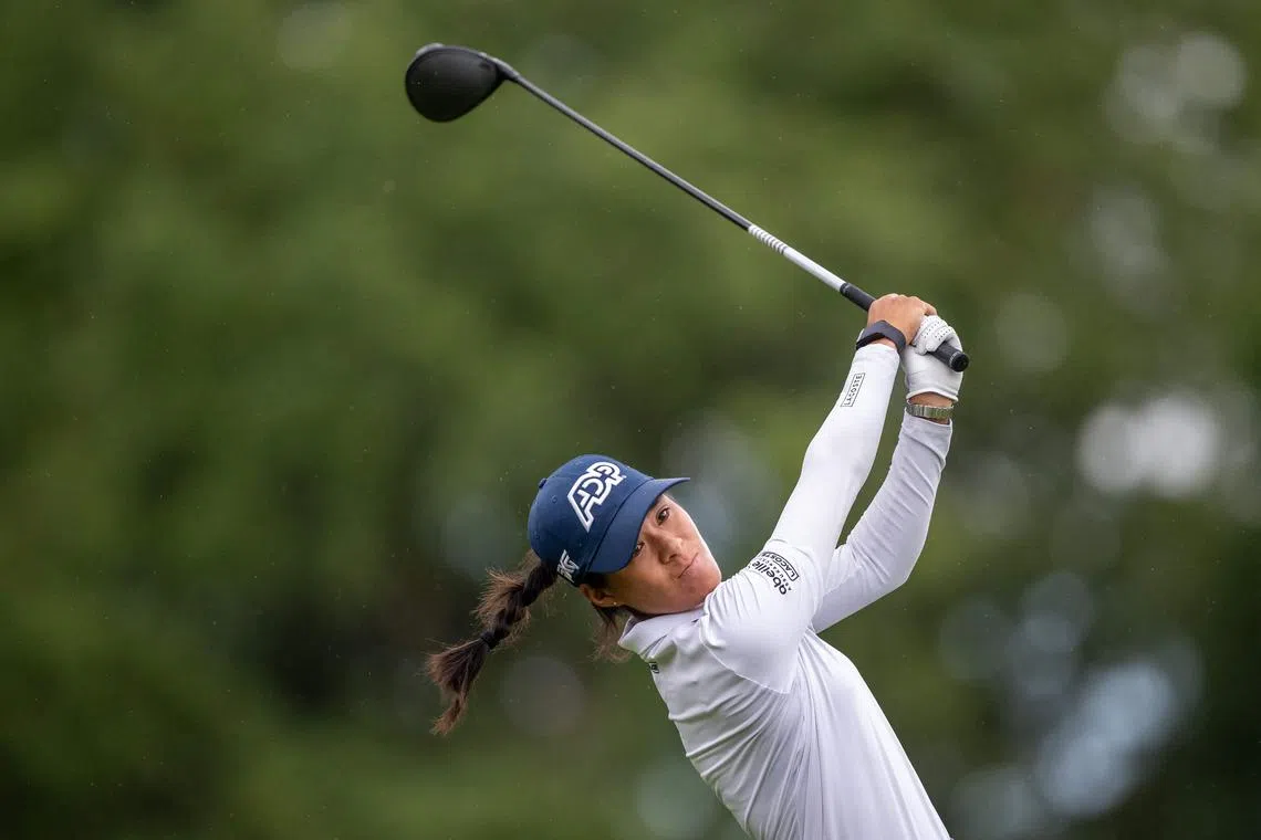 France's Celine Boutier competes during the Evian Championship, a women's LPGA major golf tournament in Evian-les-Bains, French Alps, on July 29, 2023. (Photo by Fabrice COFFRINI / AFP)