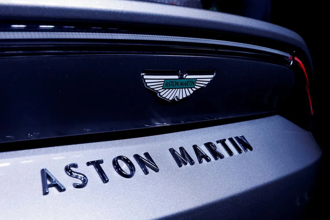 The Aston Martin logo is seen on a Vantage car, a luxury sports car, during its launch in New Delhi, India, August 29, 2024. REUTERS/Priyanshu Singh