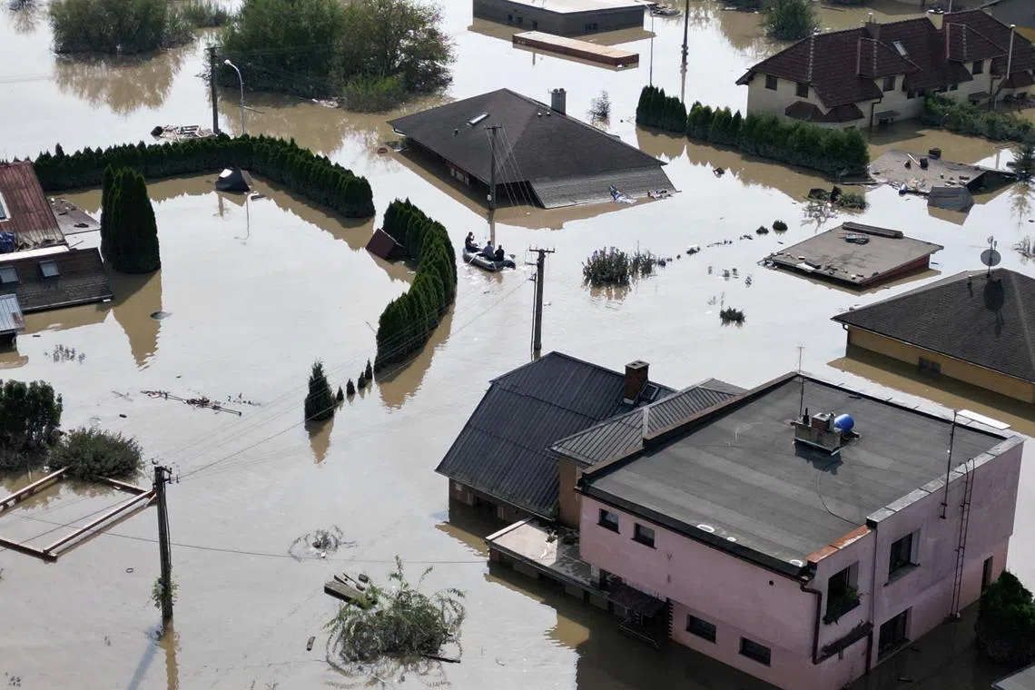 FILE PHOTO: A drone view shows the flood-affected area following heavy rainfall in Ostrava, Czech Republic, September 17, 2024. REUTERS/David W Cerny/File Photo
