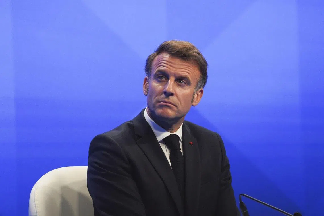 French President Emmanuel Macron speaking at the IISS Shangri-La Dialogue in Singapore on May 30. 