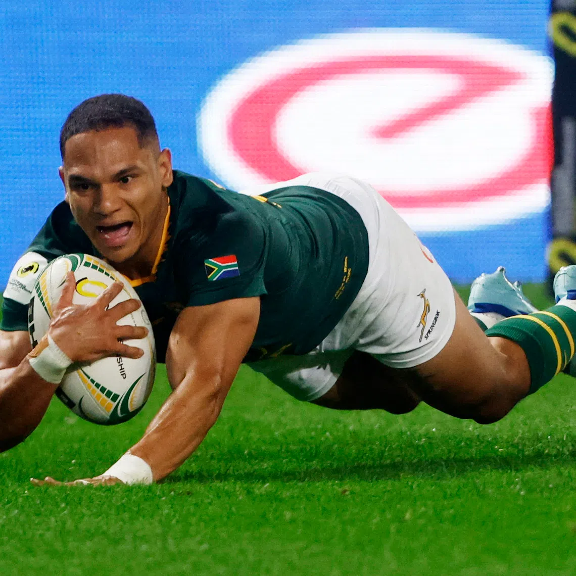 FILE PHOTO: Rugby Union - Nations Championship - South Africa v Wales - Kings Park Stadium, Durban, South Africa - July 18, 2026 South Africa's Herschel Jantjies scores their fifth try REUTERS/Rogan Ward/File Photo