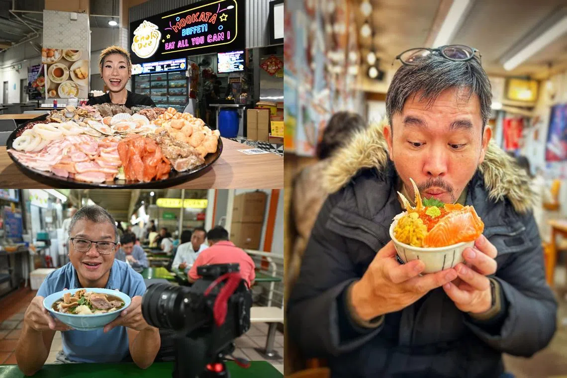Singaporean mukbang stars (clockwise from left) Sarah Ow, Yew Wei Chuah and Gregory Leow.