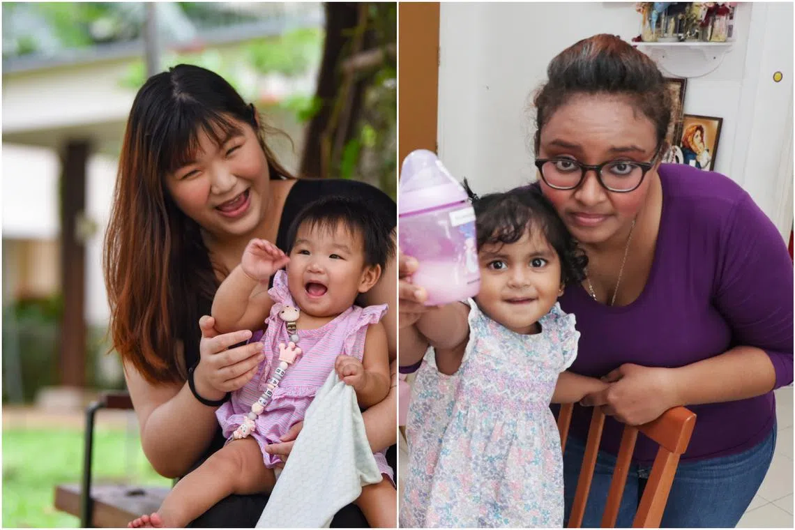 Ms Vanessa Chua (left) and Ms Teresa Christiana Katty and their daughters benefits from donations of formula milk and diapers. 