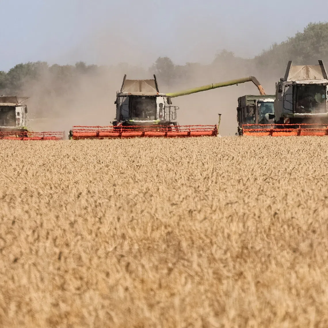 Combines harvest wheat in a field, amid Russia's attack on Ukraine, in Kharkiv region, Ukraine August 3, 2026. REUTERS/Vyacheslav Madiyevskyy