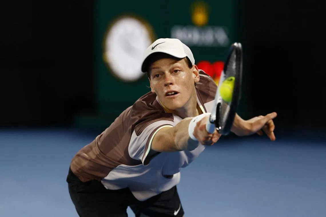 Italy's Jannik Sinner at full stretch to beat Russian Daniil Medvedev in the final of the Australian Open in Melbourne on Jan 28. 