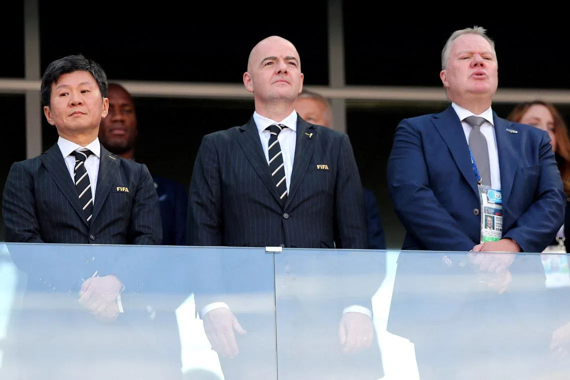 FILE PHOTO: Soccer Football - World Cup - Group F - Sweden vs South Korea - Nizhny Novgorod Stadium, Nizhny Novgorod, Russia - June 18, 2018  (L - R) President of South Korea Football Association Chung Mong-gyu, FIFA president Gianni Infantino and President of the Swedish Football Association Karl-Erik Nilsson before the match. REUTERS/Ivan Alvarado/File Photo