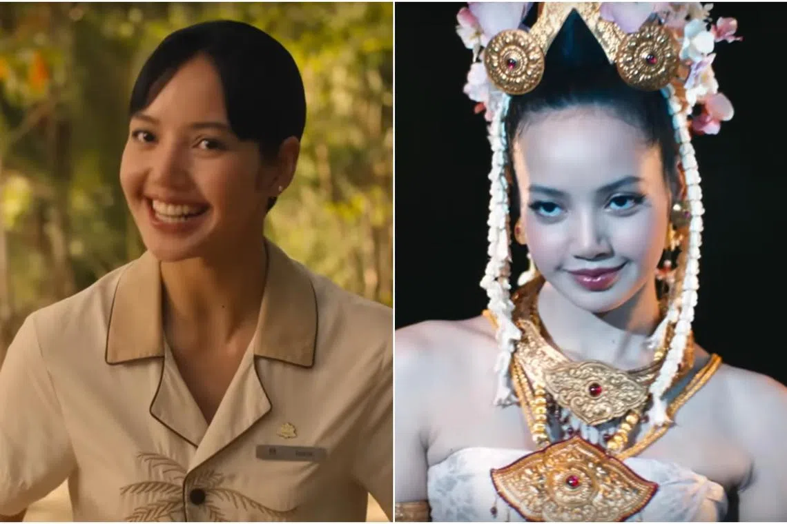 Lisa Lisa first appeared in the latest trailer for The White Lotus Season 3 as a hotel staff member (left). Lisa was later seen wearing Thai traditional costume.