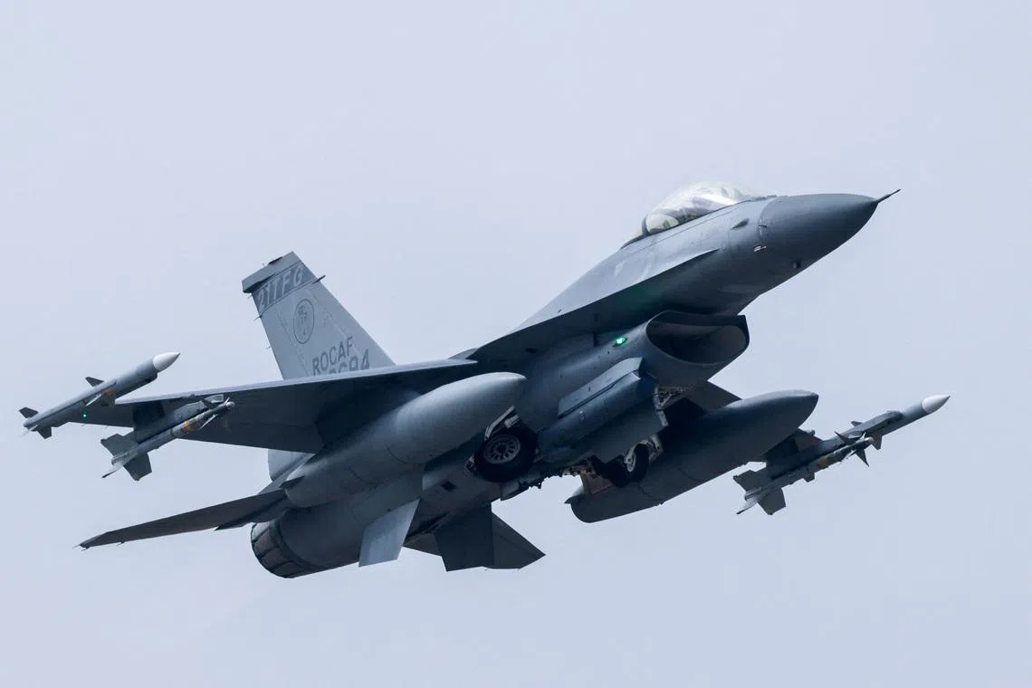 An F-16 fighter jet taking off during an annual military exercise ahead in Chiayi, Taiwan, on Jan 28.