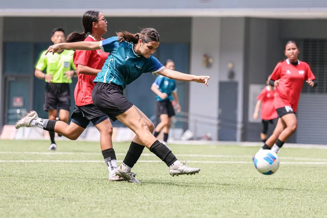 CBP W3’s Antonia Griva Tzimopoulou scored a brace against Bowen Secondary School during the C Division girls’ football final at Our Tampines Hub on Aug 20.