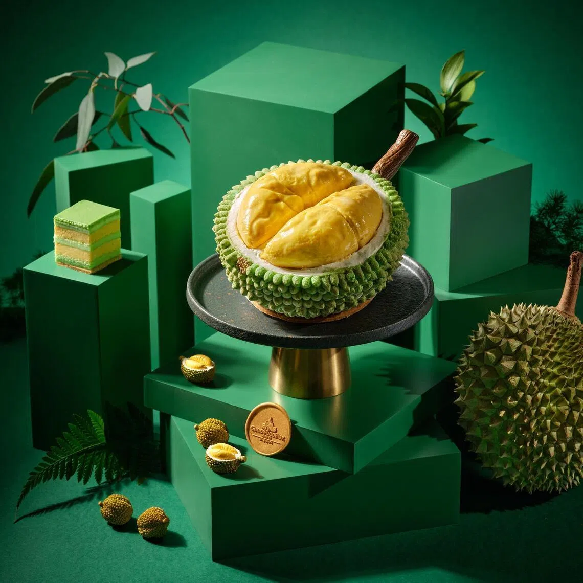 Goodwood Park Hotel's D24 Thorny King is a cake made from durian pulp and pandan sponge, among other ingredients.