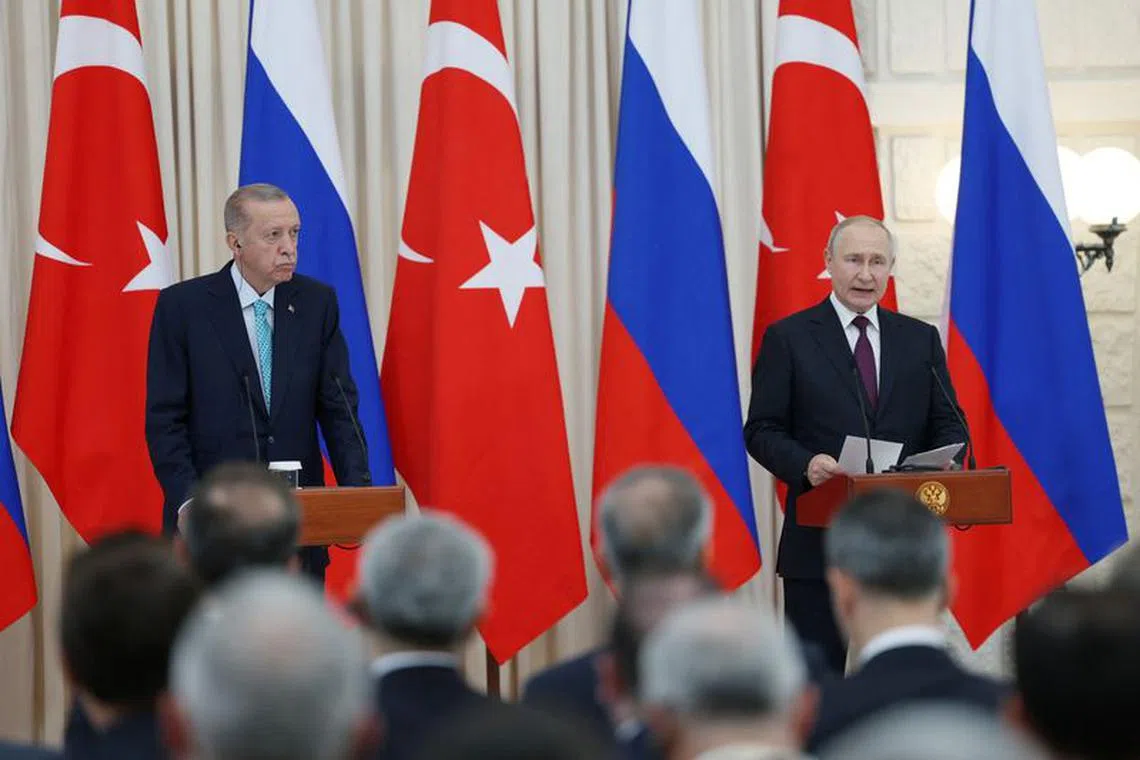 Turkish President Tayyip Erdogan and his Russian counterpart Vladimir Putin attend a press conference after their meeting in Sochi, Russia September 4, 2023. Murat Cetinmuhurdar/Turkish Presidential Press Office/Handout via REUTERS/File photo
