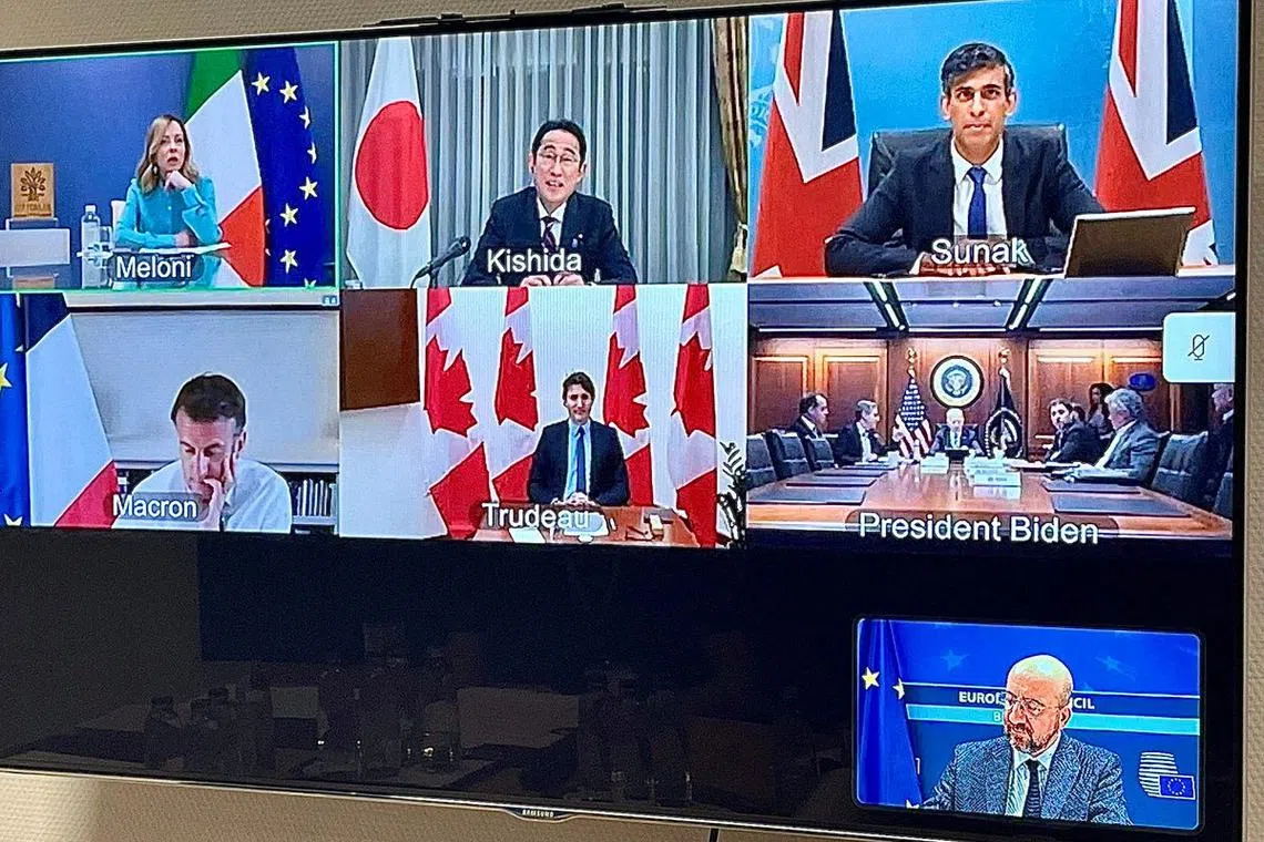 G7 leaders discuss Iranian attack on Israel over a video meeting in this picture obtained from social media, Brussels, Belgium, April 14, 2024. Charles Michel via X/via REUTERS