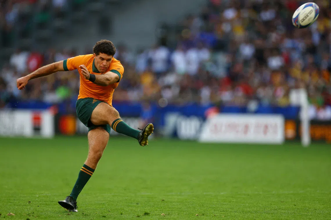FILE PHOTO: Rugby Union - Rugby World Cup 2023 - Pool C - Australia v Portugal - Stade Geoffroy-Guichard, Saint-Etienne, France - October 1, 2023  Australia's Ben Donaldson scores a penalty REUTERS/Paul Childs/File Photo