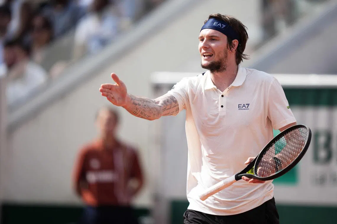 Kazakhstan's Alexander Bublik reacting during his 7-5, 6-1, 6-2 French Open third-round win over Portugal's Henrique Rocha on Court Simonne-Mathieu at the Roland-Garros Complex in Paris on May 31, 2025.