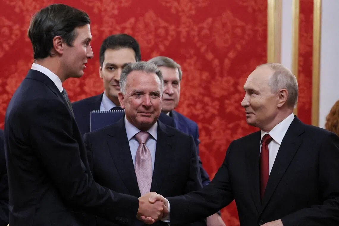 Russian President Vladimir Putin (right) shaking hands with Jared Kushner, US President Donald Trump’s son-in-law, as US Special Envoy Steve Witkoff looks on, at the Kremlin in Moscow, Russia, on Sept 5.