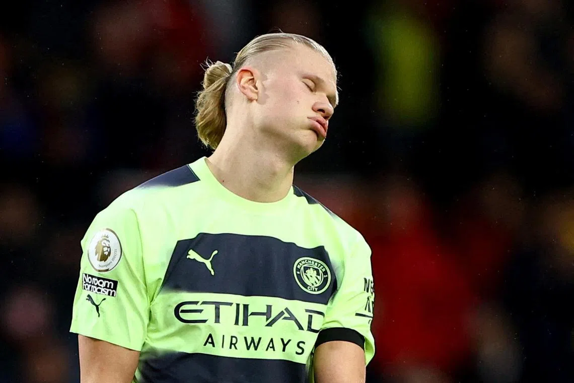 Manchester City's Erling Haaland looks dejected after the match.