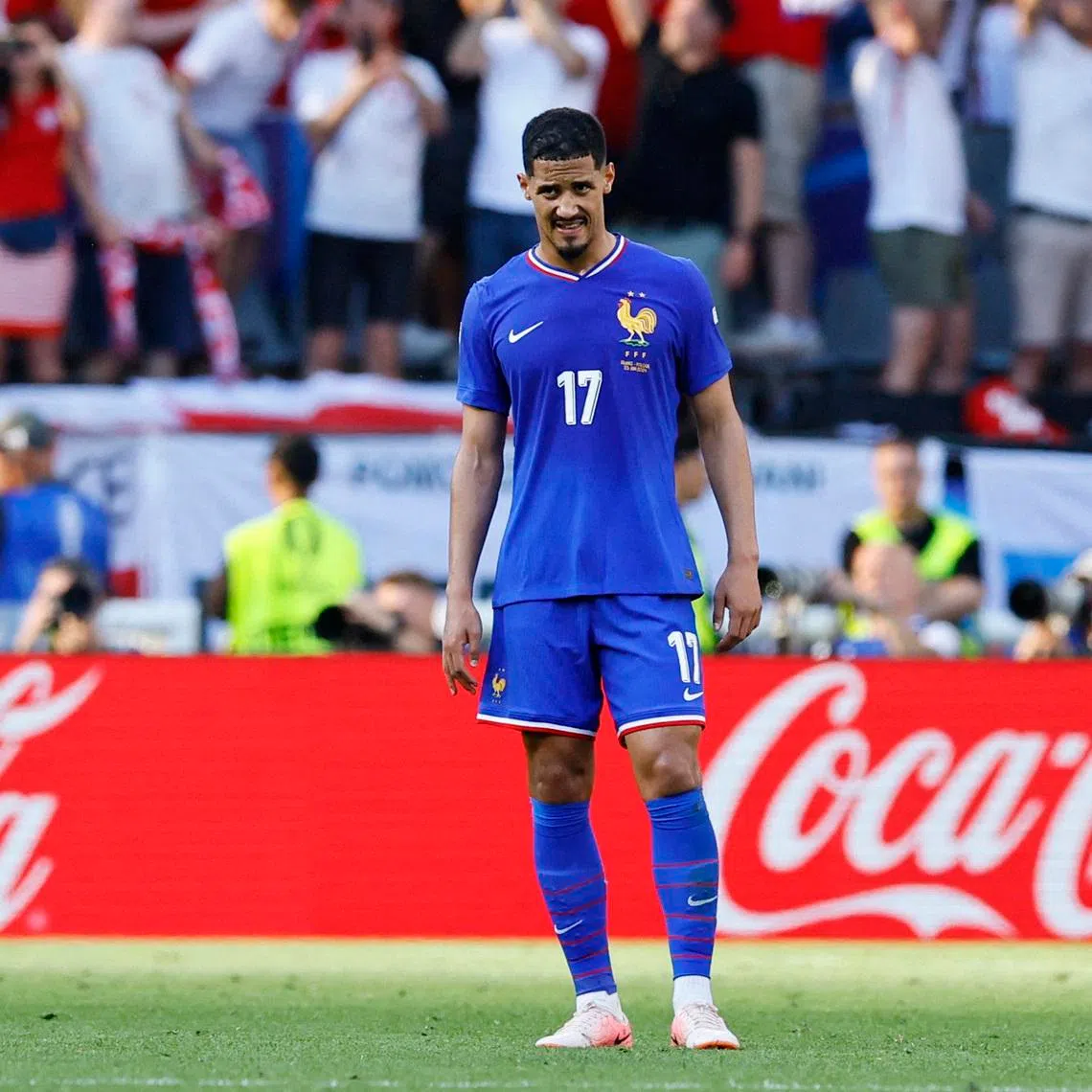 Soccer Football - Euro 2024 - Group D - France v Poland - Dortmund BVB Stadion, Dortmund, Germany - June 25, 2024 France's William Saliba reacts after Poland's Robert Lewandowski scores their first goal REUTERS/Leon Kuegeler