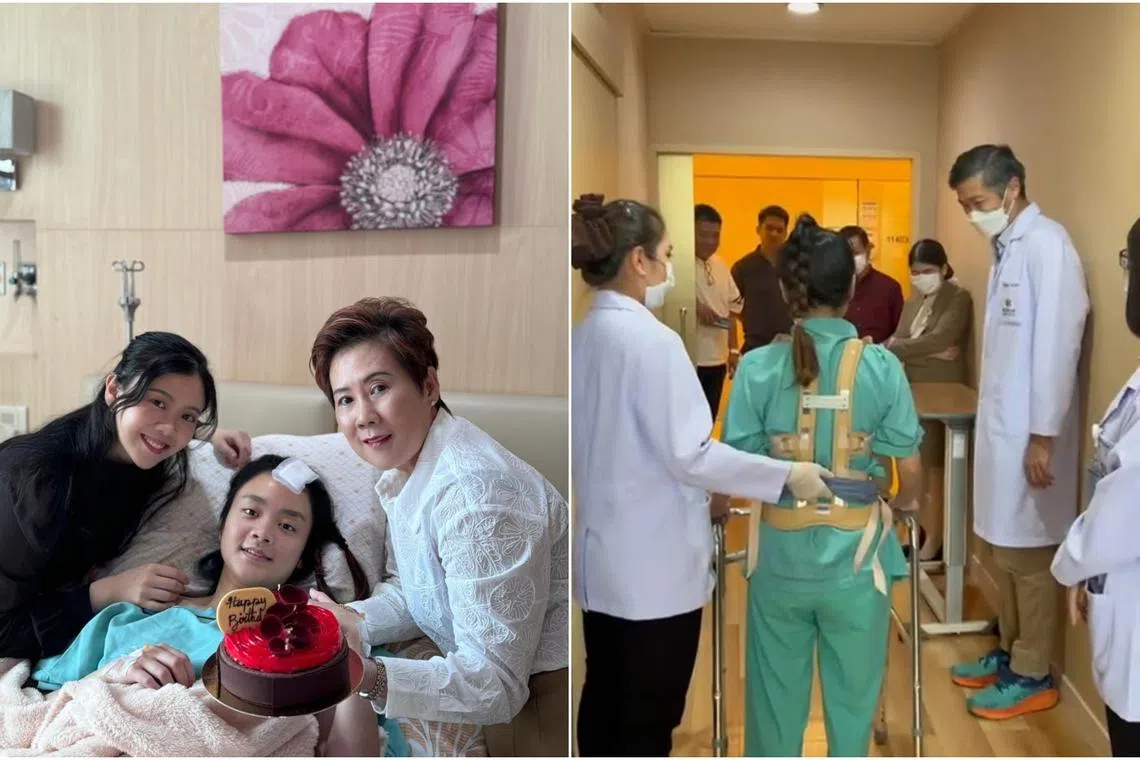 Ms Hong Mun Ying in the Bangkok hospital (left, centre) with her sister, Ms Hong Mun Wei (far left), and her mother, Ms Gan Bee Sin.