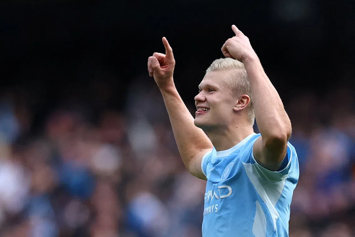 Soccer Football - Premier League - Manchester City v Sunderland - Etihad Stadium, Manchester, Britain - September 20, 2026 Manchester City's Erling Haaland celebrates scoring their fifth goal following a VAR review REUTERS/Phil Noble