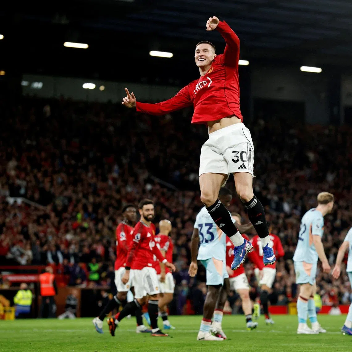 Soccer Football - Premier League - Manchester United v Brentford - Old Trafford, Manchester, Britain - April 27, 2026 Manchester United's Benjamin Sesko celebrates scoring their second goal Action Images via Reuters/Jason Cairnduff